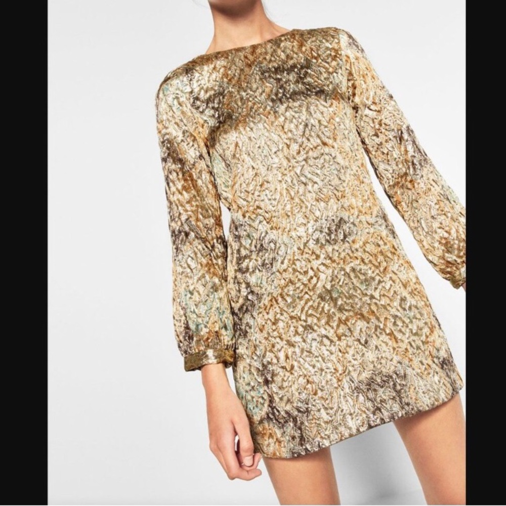 Zara Shimmer Jacquard Golden Mini Dress XS